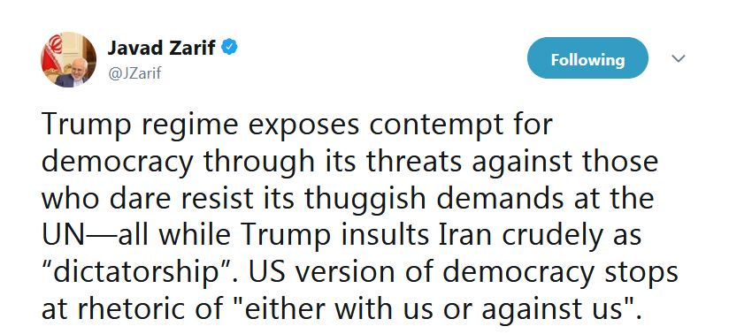 ظریف: تهدید دیگر کشورها نشانه نفرت ترامپ از دمکراسی است